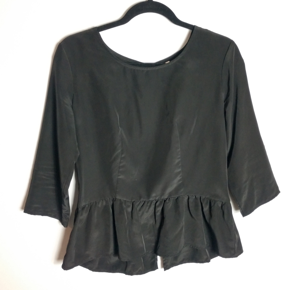 Silky Black Peplum Blouse with Gold Zipper